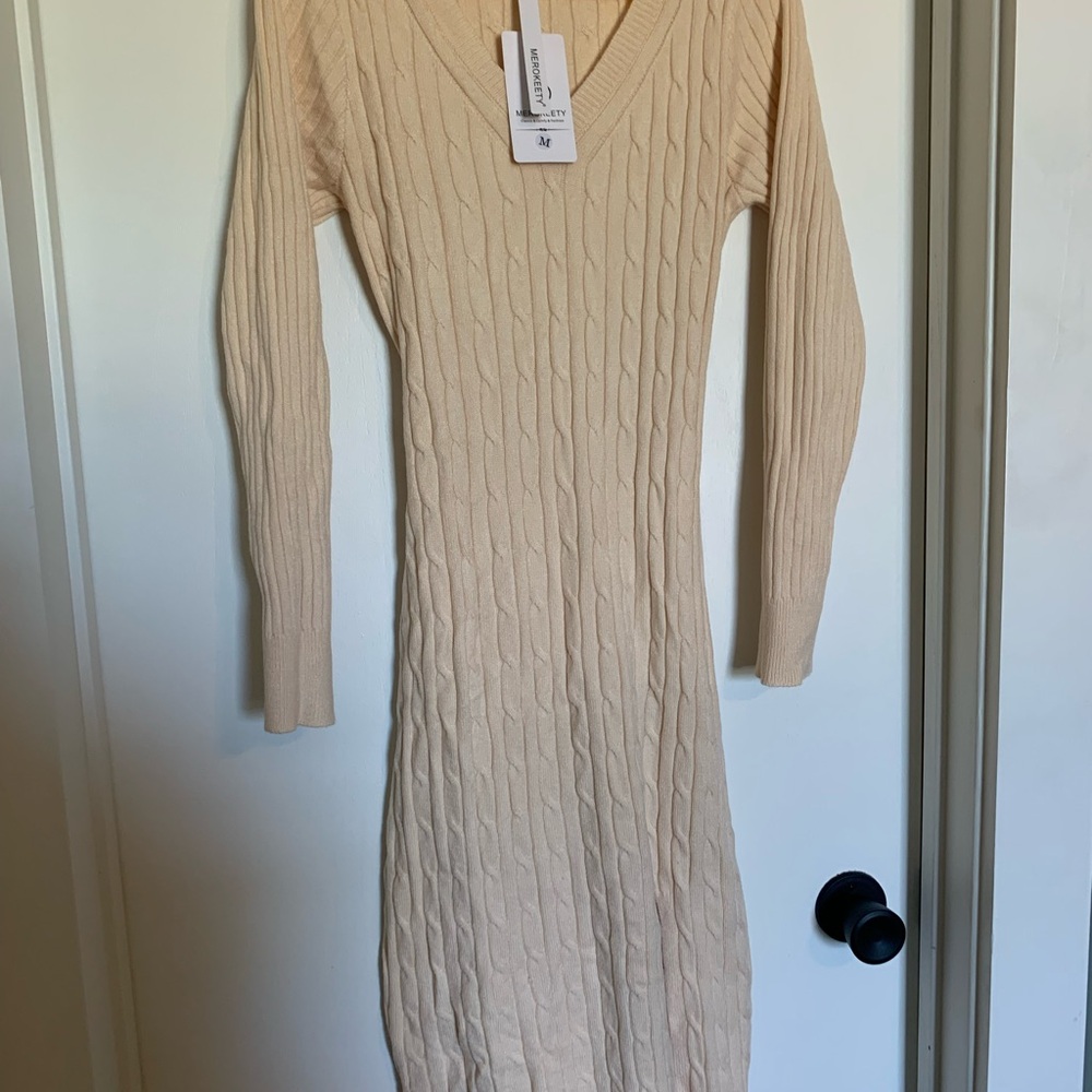 Chic Beige Long Sleeve Cable Knit Dress